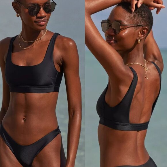 NWT Aerie Banded Wide Strap Scoop Bikini Swim Top Black Size Large - Picture 1 of 11